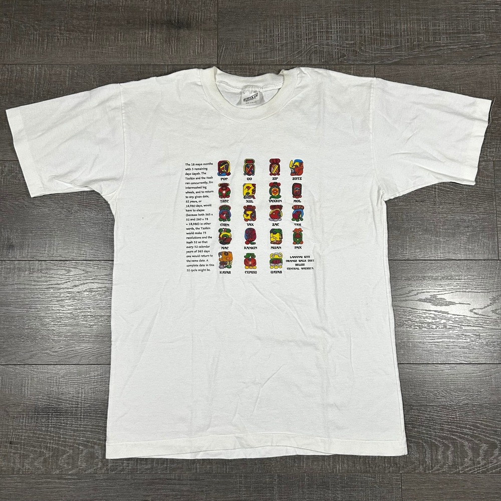 VTG Mayan Calendar Print Advance Tees Mens L Graphic T Shirt White Sleeve Cotton